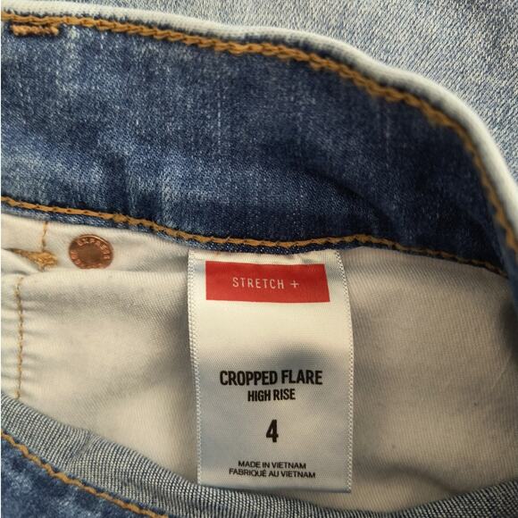 Express Cropped Flare Hi Rise Jeans Wmn's Sz 4 Frayed Stonewashed Stretch Denim - Picture 6 of 16